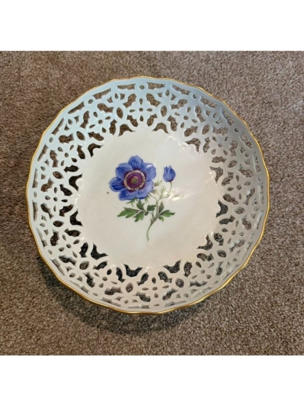 Meissen Porcelain Reticulated Round Bowl 8" Hand Painted Blue Flower Germany